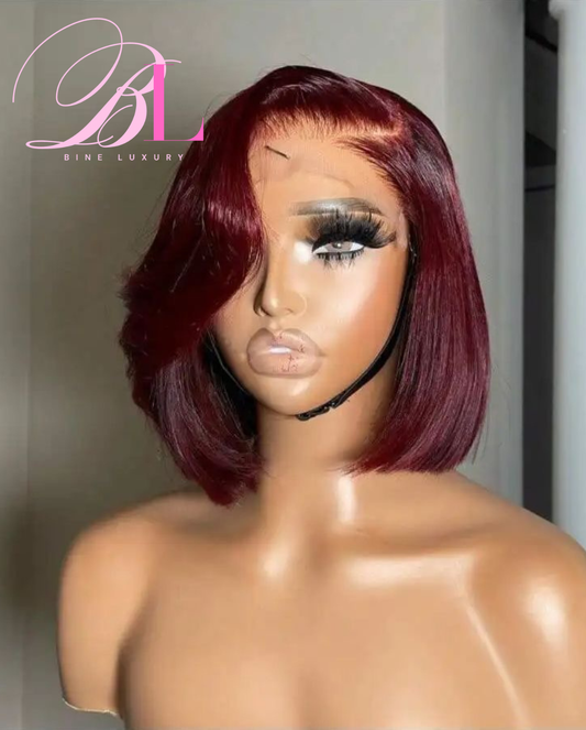 BINE LUXURY Straight Bob Wig Human Hair 13x4 HD Frontal Lace Wig Short Bob Wigs for Women Human Hair Pre Plucked 150% Density Burgundy Color