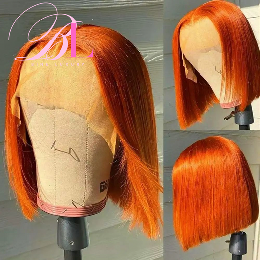 BINE LUXURY Straight Bob Wig Human Hair 13x4 HD Frontal Lace Wig Short Bob Wigs for Women Human Hair Pre Plucked 150% Density Ginger Orange Color